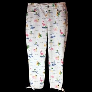 Talbots High Rise Jegging Crop White Tropical Flamingo Jeans Women’s Size 6